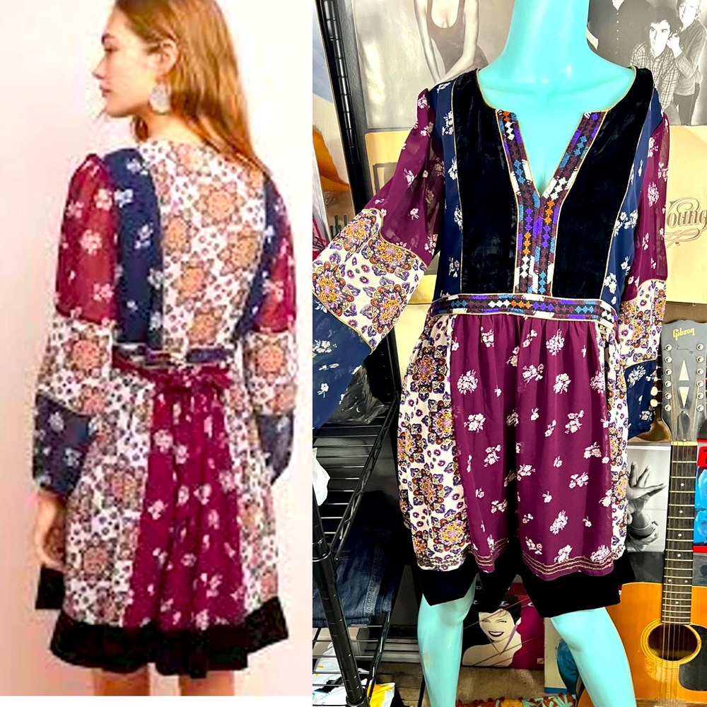 🔥NWOT ANTHROPOLOGIE MAEVE QUARTIER LATIN BOHO HIPPIE VELVET FLORAL DRESS L $158